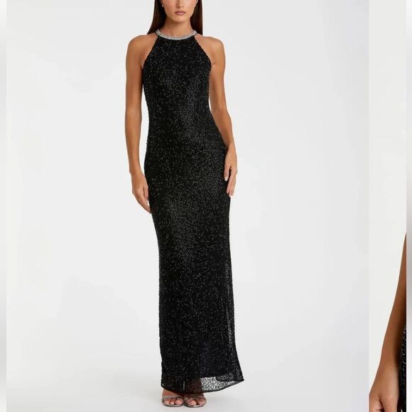 Mac Duggal Black Maxi Dress Beaded Sleeveless High Neck Column Gown 93742 Sz 4 - Picture 1 of 16